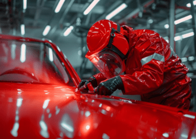 Precision Work on a Glossy Red Car in a HighTech Workshop