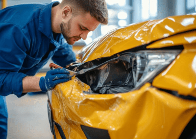 Worker in blue uniform repairs yellow car with damaged paint in garage after collision incident